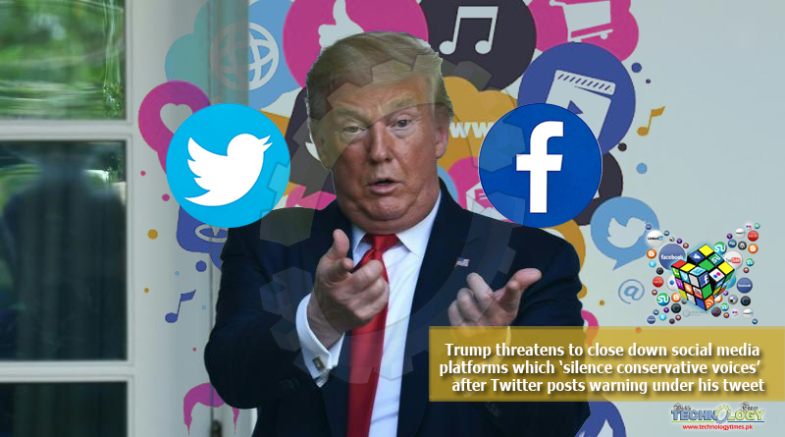 Trump threatens to close down social media platforms which ‘silence conservative voices’ after Twitter posts warning under his tweet