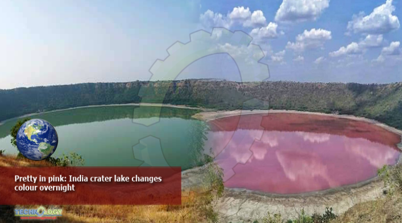 Pretty in pink: India crater lake changes colour overnight